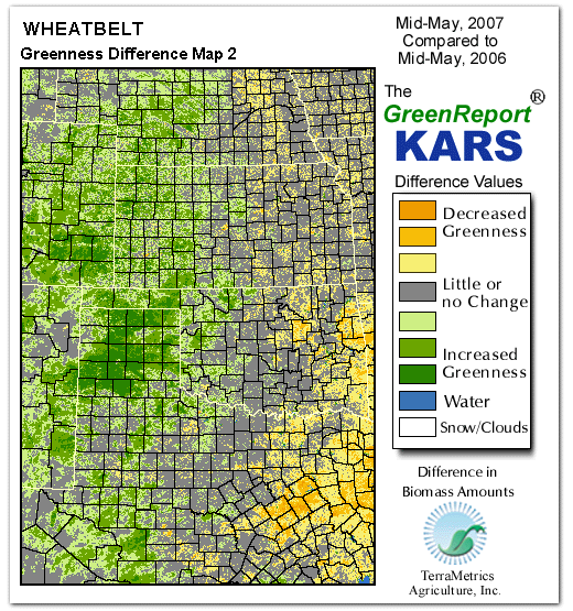 Color-coded Wheat Belt vegetation greeness index map for Period 21 of 2007, illustrating spatial variations in plant vigor, with greener tones indicating higher biomass and browner tones indicating stressed vegetation,
              comparing current crop/vegetation change in biomass to same period from the previous year.