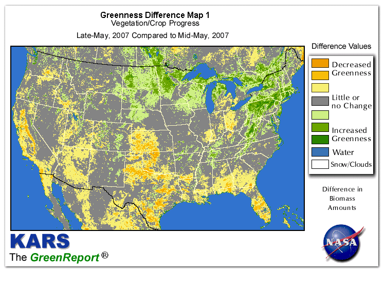 Color-coded U.S. vegetation greeness index map for Period 22 of 2007, illustrating spatial variations in plant vigor, with greener tones indicating higher biomass and browner tones indicating stressed vegetation,
              comparing current crop/vegetation change in biomass to the previous week within the same year.