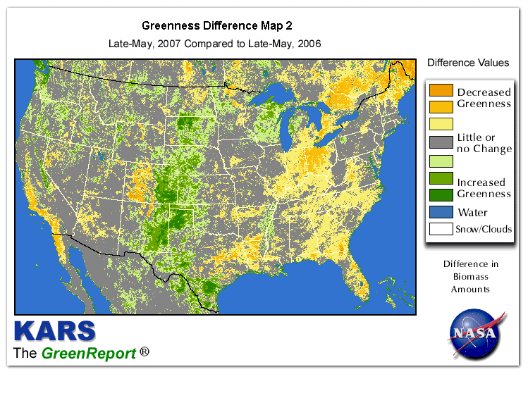 Color-coded U.S. vegetation greeness index map for Period 22 of 2007, illustrating spatial variations in plant vigor, with greener tones indicating higher biomass and browner tones indicating stressed vegetation,
              comparing current crop/vegetation change in biomass to same period from the previous year.