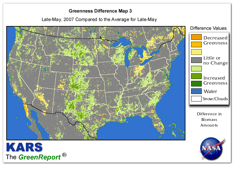 Color-coded U.S. vegetation greeness index map for Period 22 of 2007, illustrating spatial variations in plant vigor, with greener tones indicating higher biomass and browner tones indicating stressed vegetation,
              comparing current crop/vegetation change in biomass to the 20-year greenness average.