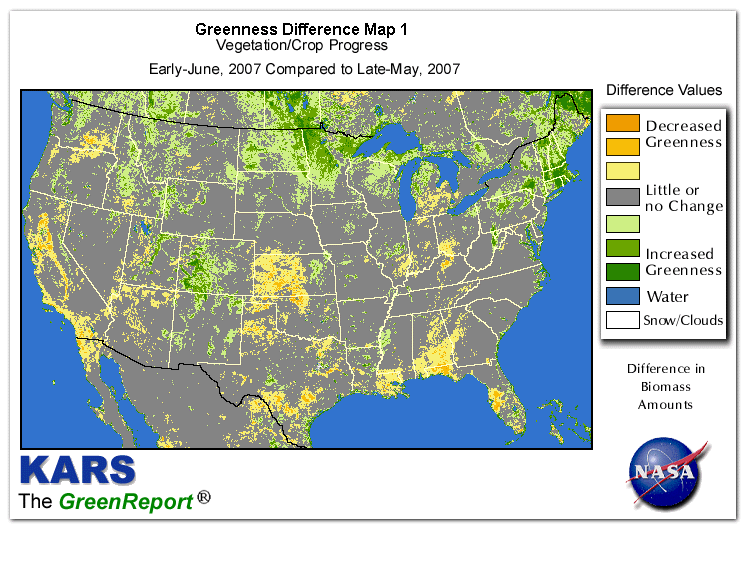 Color-coded U.S. vegetation greeness index map for Period 23 of 2007, illustrating spatial variations in plant vigor, with greener tones indicating higher biomass and browner tones indicating stressed vegetation,
              comparing current crop/vegetation change in biomass to the previous week within the same year.
