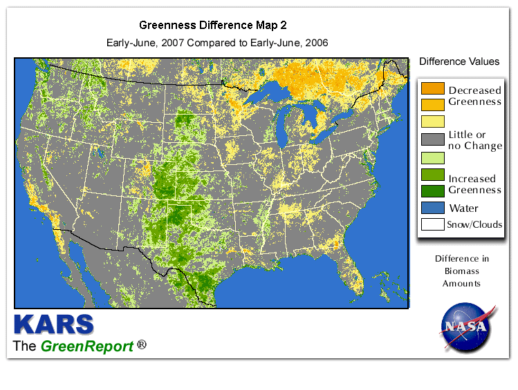Color-coded U.S. vegetation greeness index map for Period 23 of 2007, illustrating spatial variations in plant vigor, with greener tones indicating higher biomass and browner tones indicating stressed vegetation,
              comparing current crop/vegetation change in biomass to same period from the previous year.