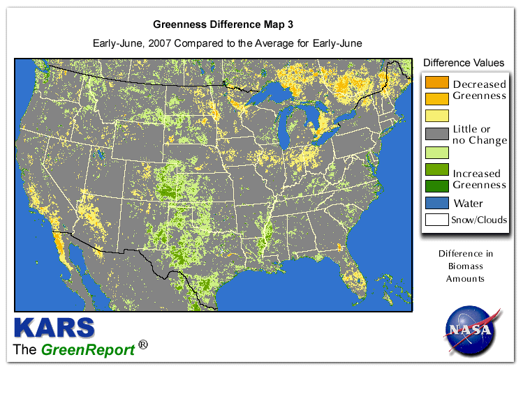 Color-coded U.S. vegetation greeness index map for Period 23 of 2007, illustrating spatial variations in plant vigor, with greener tones indicating higher biomass and browner tones indicating stressed vegetation,
              comparing current crop/vegetation change in biomass to the 20-year greenness average.
