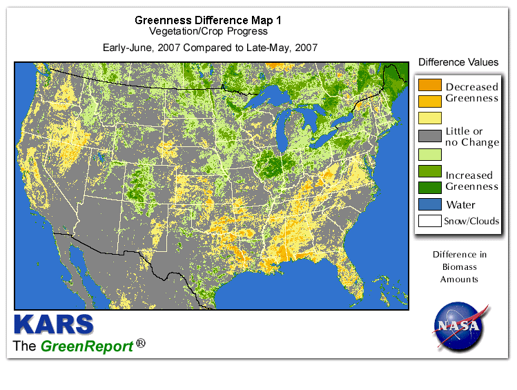 Color-coded U.S. vegetation greeness index map for Period 24 of 2007, illustrating spatial variations in plant vigor, with greener tones indicating higher biomass and browner tones indicating stressed vegetation,
              comparing current crop/vegetation change in biomass to the previous week within the same year.