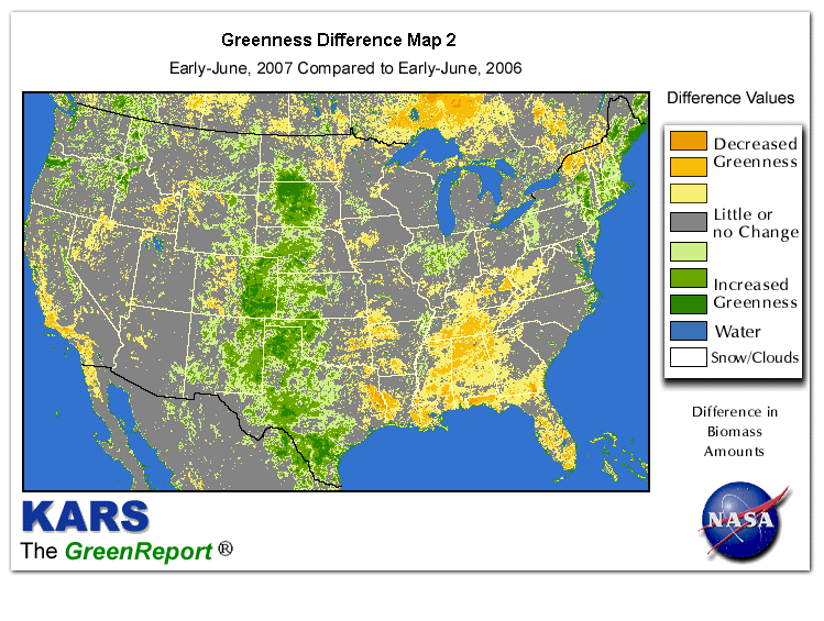 Color-coded U.S. vegetation greeness index map for Period 24 of 2007, illustrating spatial variations in plant vigor, with greener tones indicating higher biomass and browner tones indicating stressed vegetation,
              comparing current crop/vegetation change in biomass to same period from the previous year.