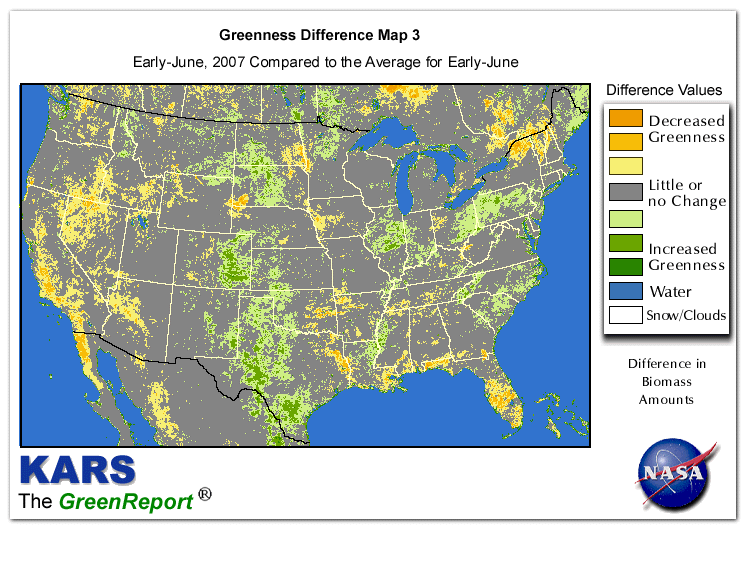 Color-coded U.S. vegetation greeness index map for Period 24 of 2007, illustrating spatial variations in plant vigor, with greener tones indicating higher biomass and browner tones indicating stressed vegetation,
              comparing current crop/vegetation change in biomass to the 20-year greenness average.