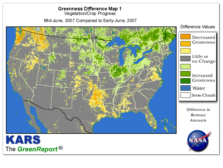 Color-coded U.S. vegetation greeness index map for Period 25 of 2007, illustrating spatial variations in plant vigor, with greener tones indicating higher biomass and browner tones indicating stressed vegetation,
              comparing current crop/vegetation change in biomass to the previous week within the same year.