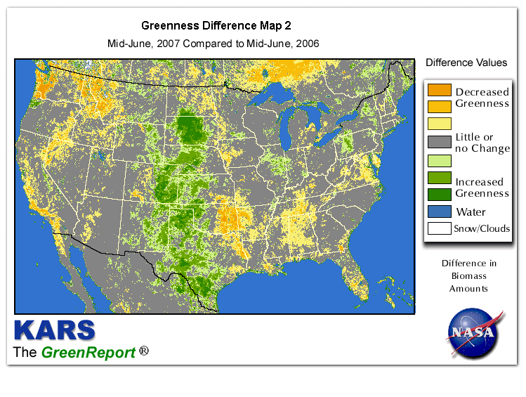 Color-coded U.S. vegetation greeness index map for Period 25 of 2007, illustrating spatial variations in plant vigor, with greener tones indicating higher biomass and browner tones indicating stressed vegetation,
              comparing current crop/vegetation change in biomass to same period from the previous year.