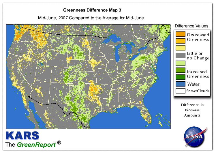 Color-coded U.S. vegetation greeness index map for Period 25 of 2007, illustrating spatial variations in plant vigor, with greener tones indicating higher biomass and browner tones indicating stressed vegetation,
              comparing current crop/vegetation change in biomass to the 20-year greenness average.