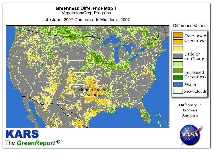 Color-coded U.S. vegetation greeness index map for Period 26 of 2007, illustrating spatial variations in plant vigor, with greener tones indicating higher biomass and browner tones indicating stressed vegetation,
              comparing current crop/vegetation change in biomass to the previous week within the same year.