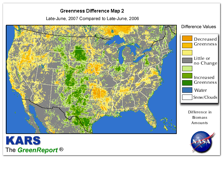 Color-coded U.S. vegetation greeness index map for Period 26 of 2007, illustrating spatial variations in plant vigor, with greener tones indicating higher biomass and browner tones indicating stressed vegetation,
              comparing current crop/vegetation change in biomass to same period from the previous year.