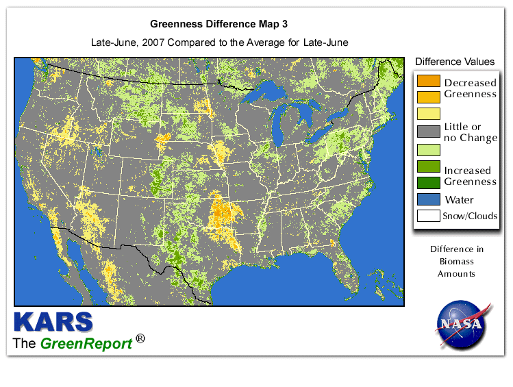 Color-coded U.S. vegetation greeness index map for Period 26 of 2007, illustrating spatial variations in plant vigor, with greener tones indicating higher biomass and browner tones indicating stressed vegetation,
              comparing current crop/vegetation change in biomass to the 20-year greenness average.