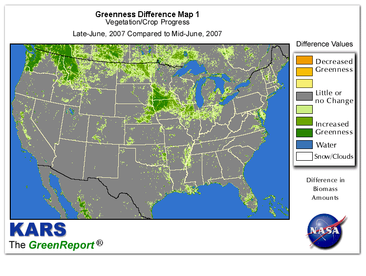 Color-coded U.S. vegetation greeness index map for Period 27 of 2007, illustrating spatial variations in plant vigor, with greener tones indicating higher biomass and browner tones indicating stressed vegetation,
              comparing current crop/vegetation change in biomass to the previous week within the same year.