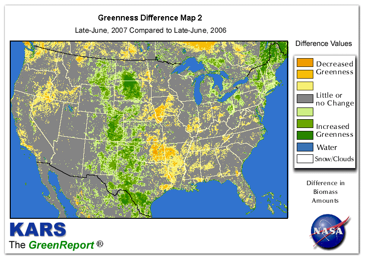 Color-coded U.S. vegetation greeness index map for Period 27 of 2007, illustrating spatial variations in plant vigor, with greener tones indicating higher biomass and browner tones indicating stressed vegetation,
              comparing current crop/vegetation change in biomass to same period from the previous year.