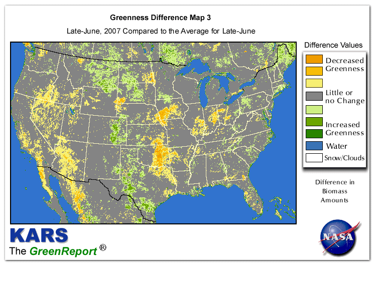 Color-coded U.S. vegetation greeness index map for Period 27 of 2007, illustrating spatial variations in plant vigor, with greener tones indicating higher biomass and browner tones indicating stressed vegetation,
              comparing current crop/vegetation change in biomass to the 20-year greenness average.