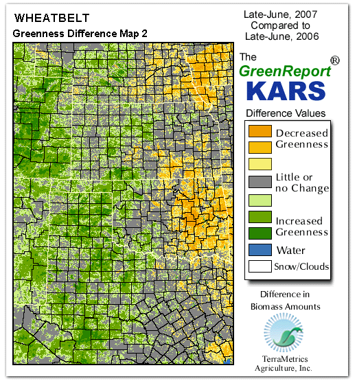 Color-coded Wheat Belt vegetation greeness index map for Period 27 of 2007, illustrating spatial variations in plant vigor, with greener tones indicating higher biomass and browner tones indicating stressed vegetation,
              comparing current crop/vegetation change in biomass to same period from the previous year.