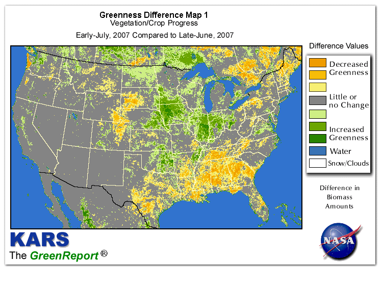 Color-coded U.S. vegetation greeness index map for Period 28 of 2007, illustrating spatial variations in plant vigor, with greener tones indicating higher biomass and browner tones indicating stressed vegetation,
              comparing current crop/vegetation change in biomass to the previous week within the same year.