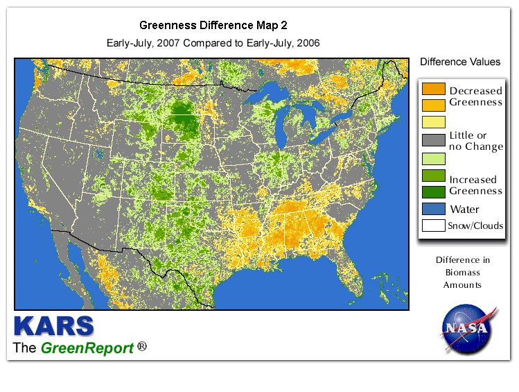 Color-coded U.S. vegetation greeness index map for Period 28 of 2007, illustrating spatial variations in plant vigor, with greener tones indicating higher biomass and browner tones indicating stressed vegetation,
              comparing current crop/vegetation change in biomass to same period from the previous year.