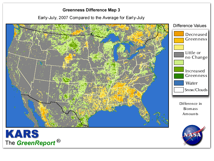 Color-coded U.S. vegetation greeness index map for Period 28 of 2007, illustrating spatial variations in plant vigor, with greener tones indicating higher biomass and browner tones indicating stressed vegetation,
              comparing current crop/vegetation change in biomass to the 20-year greenness average.