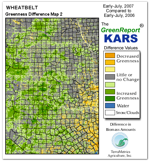 Color-coded Wheat Belt vegetation greeness index map for Period 28 of 2007, illustrating spatial variations in plant vigor, with greener tones indicating higher biomass and browner tones indicating stressed vegetation,
              comparing current crop/vegetation change in biomass to same period from the previous year.