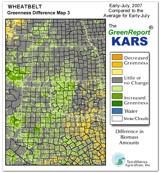Color-coded Wheat Belt vegetation greeness index map for Period 28 of 2007, illustrating spatial variations in plant vigor, with greener tones indicating higher biomass and browner tones indicating stressed vegetation,
              comparing current crop/vegetation change in biomass to the 20-year greenness average.
