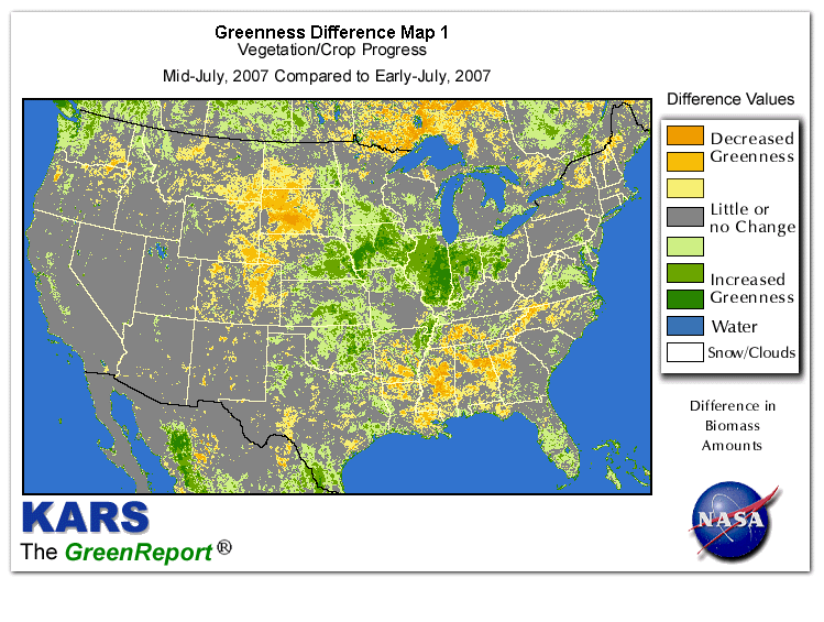 Color-coded U.S. vegetation greeness index map for Period 29 of 2007, illustrating spatial variations in plant vigor, with greener tones indicating higher biomass and browner tones indicating stressed vegetation,
              comparing current crop/vegetation change in biomass to the previous week within the same year.