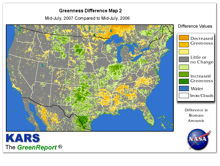 Color-coded U.S. vegetation greeness index map for Period 29 of 2007, illustrating spatial variations in plant vigor, with greener tones indicating higher biomass and browner tones indicating stressed vegetation,
              comparing current crop/vegetation change in biomass to same period from the previous year.