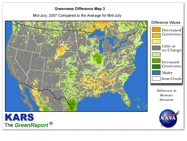 Color-coded U.S. vegetation greeness index map for Period 29 of 2007, illustrating spatial variations in plant vigor, with greener tones indicating higher biomass and browner tones indicating stressed vegetation,
              comparing current crop/vegetation change in biomass to the 20-year greenness average.