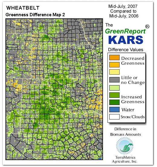 Color-coded Wheat Belt vegetation greeness index map for Period 29 of 2007, illustrating spatial variations in plant vigor, with greener tones indicating higher biomass and browner tones indicating stressed vegetation,
              comparing current crop/vegetation change in biomass to same period from the previous year.