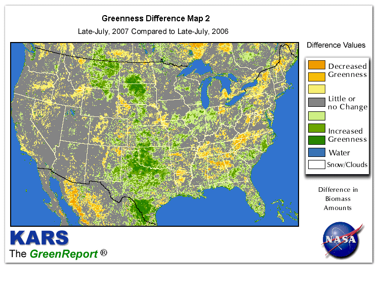 Color-coded U.S. vegetation greeness index map for Period 30 of 2007, illustrating spatial variations in plant vigor, with greener tones indicating higher biomass and browner tones indicating stressed vegetation,
              comparing current crop/vegetation change in biomass to same period from the previous year.