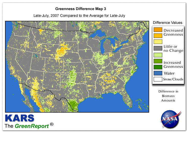 Color-coded U.S. vegetation greeness index map for Period 30 of 2007, illustrating spatial variations in plant vigor, with greener tones indicating higher biomass and browner tones indicating stressed vegetation,
              comparing current crop/vegetation change in biomass to the 20-year greenness average.