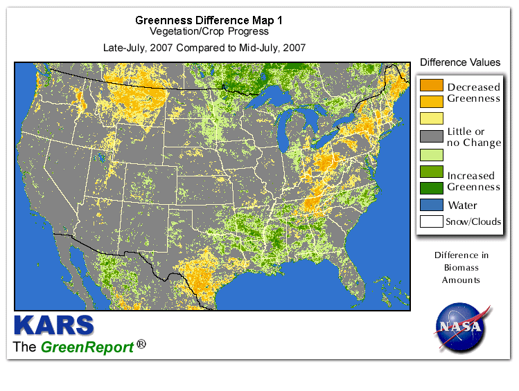 Color-coded U.S. vegetation greeness index map for Period 31 of 2007, illustrating spatial variations in plant vigor, with greener tones indicating higher biomass and browner tones indicating stressed vegetation,
              comparing current crop/vegetation change in biomass to the previous week within the same year.