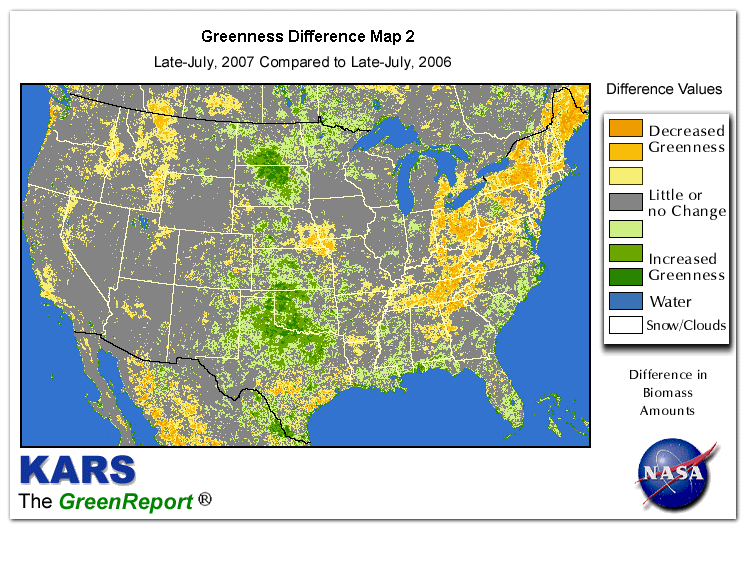 Color-coded U.S. vegetation greeness index map for Period 31 of 2007, illustrating spatial variations in plant vigor, with greener tones indicating higher biomass and browner tones indicating stressed vegetation,
              comparing current crop/vegetation change in biomass to same period from the previous year.