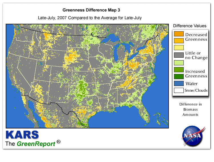 Color-coded U.S. vegetation greeness index map for Period 31 of 2007, illustrating spatial variations in plant vigor, with greener tones indicating higher biomass and browner tones indicating stressed vegetation,
              comparing current crop/vegetation change in biomass to the 20-year greenness average.