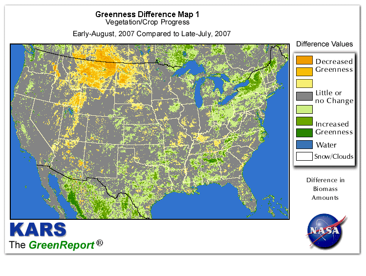 Color-coded U.S. vegetation greeness index map for Period 32 of 2007, illustrating spatial variations in plant vigor, with greener tones indicating higher biomass and browner tones indicating stressed vegetation,
              comparing current crop/vegetation change in biomass to the previous week within the same year.