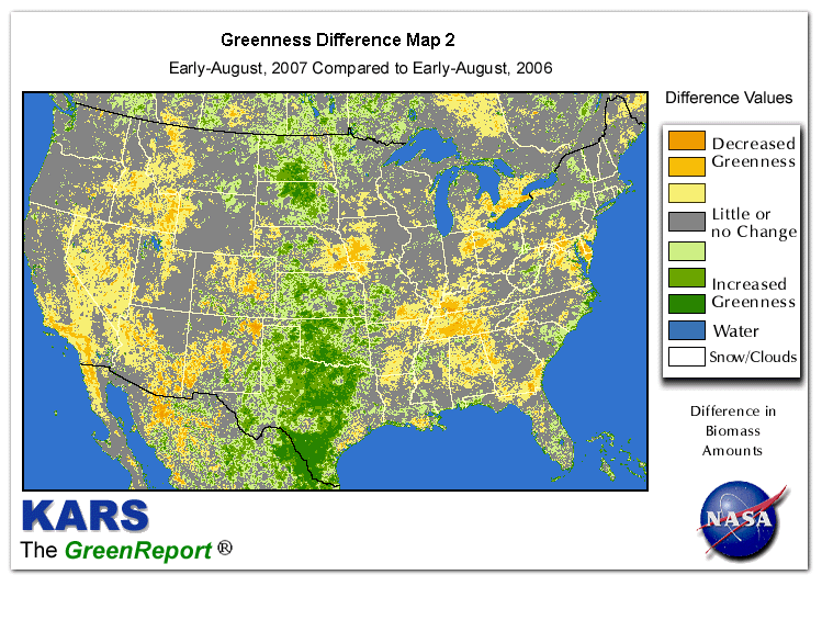 Color-coded U.S. vegetation greeness index map for Period 32 of 2007, illustrating spatial variations in plant vigor, with greener tones indicating higher biomass and browner tones indicating stressed vegetation,
              comparing current crop/vegetation change in biomass to same period from the previous year.