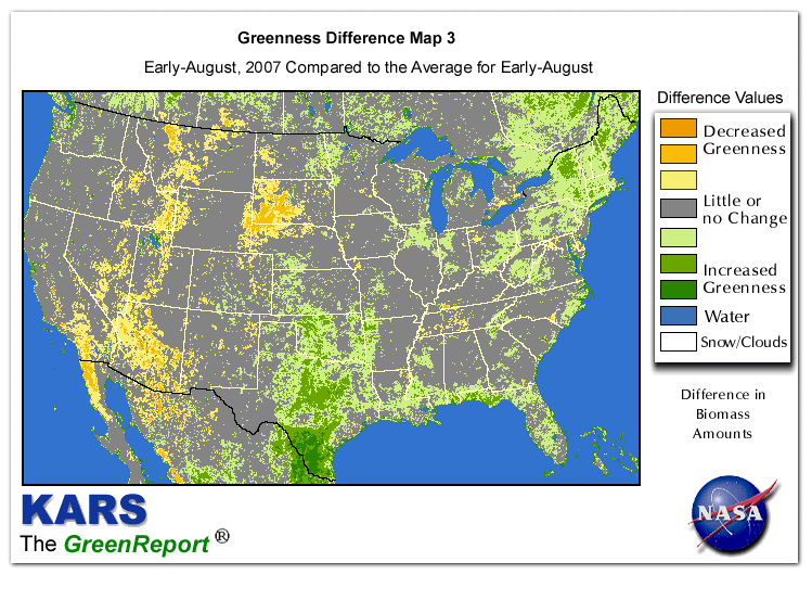 Color-coded U.S. vegetation greeness index map for Period 32 of 2007, illustrating spatial variations in plant vigor, with greener tones indicating higher biomass and browner tones indicating stressed vegetation,
              comparing current crop/vegetation change in biomass to the 20-year greenness average.