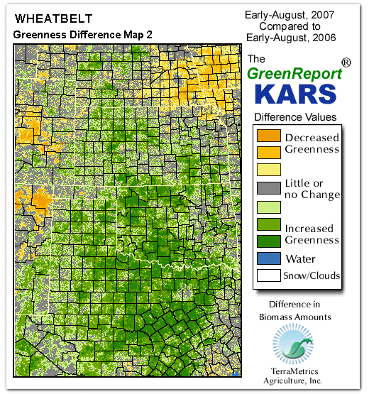 Color-coded Wheat Belt vegetation greeness index map for Period 32 of 2007, illustrating spatial variations in plant vigor, with greener tones indicating higher biomass and browner tones indicating stressed vegetation,
              comparing current crop/vegetation change in biomass to same period from the previous year.