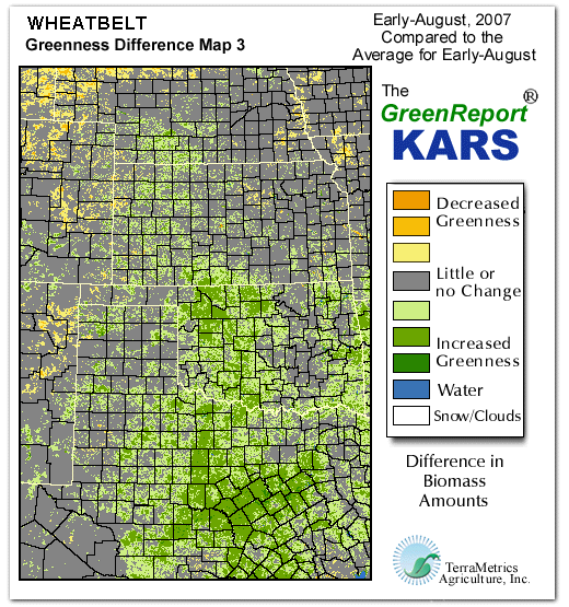 Color-coded Wheat Belt vegetation greeness index map for Period 32 of 2007, illustrating spatial variations in plant vigor, with greener tones indicating higher biomass and browner tones indicating stressed vegetation,
              comparing current crop/vegetation change in biomass to the 20-year greenness average.