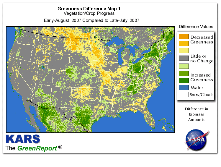Color-coded U.S. vegetation greeness index map for Period 33 of 2007, illustrating spatial variations in plant vigor, with greener tones indicating higher biomass and browner tones indicating stressed vegetation,
              comparing current crop/vegetation change in biomass to the previous week within the same year.