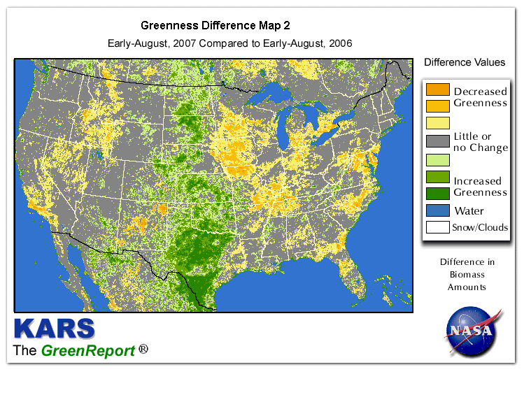 Color-coded U.S. vegetation greeness index map for Period 33 of 2007, illustrating spatial variations in plant vigor, with greener tones indicating higher biomass and browner tones indicating stressed vegetation,
              comparing current crop/vegetation change in biomass to same period from the previous year.