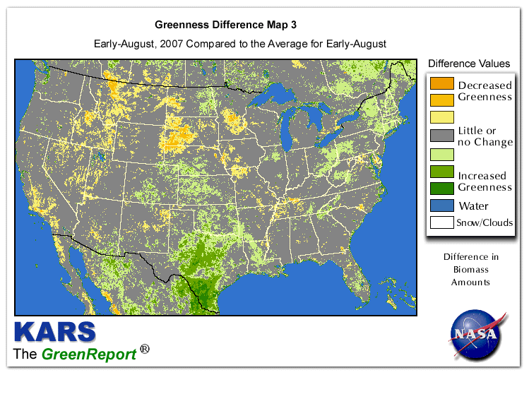 Color-coded U.S. vegetation greeness index map for Period 33 of 2007, illustrating spatial variations in plant vigor, with greener tones indicating higher biomass and browner tones indicating stressed vegetation,
              comparing current crop/vegetation change in biomass to the 20-year greenness average.