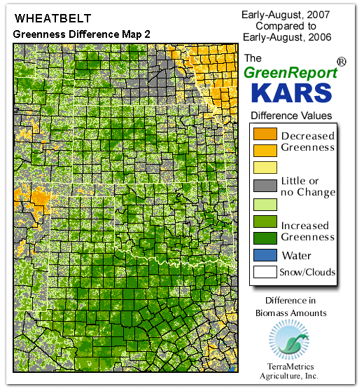 Color-coded Wheat Belt vegetation greeness index map for Period 33 of 2007, illustrating spatial variations in plant vigor, with greener tones indicating higher biomass and browner tones indicating stressed vegetation,
              comparing current crop/vegetation change in biomass to same period from the previous year.
