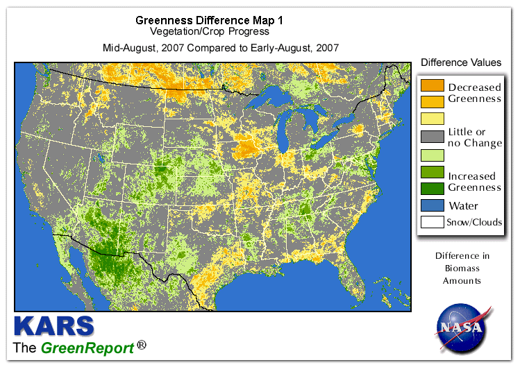 Color-coded U.S. vegetation greeness index map for Period 34 of 2007, illustrating spatial variations in plant vigor, with greener tones indicating higher biomass and browner tones indicating stressed vegetation,
              comparing current crop/vegetation change in biomass to the previous week within the same year.
