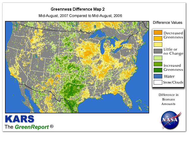 Color-coded U.S. vegetation greeness index map for Period 34 of 2007, illustrating spatial variations in plant vigor, with greener tones indicating higher biomass and browner tones indicating stressed vegetation,
              comparing current crop/vegetation change in biomass to same period from the previous year.