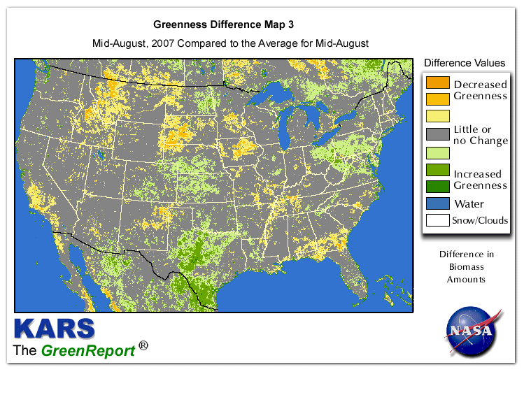 Color-coded U.S. vegetation greeness index map for Period 34 of 2007, illustrating spatial variations in plant vigor, with greener tones indicating higher biomass and browner tones indicating stressed vegetation,
              comparing current crop/vegetation change in biomass to the 20-year greenness average.