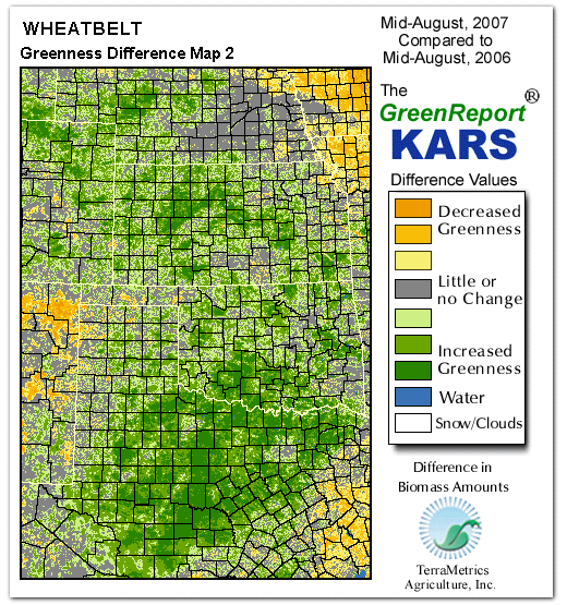 Color-coded Wheat Belt vegetation greeness index map for Period 34 of 2007, illustrating spatial variations in plant vigor, with greener tones indicating higher biomass and browner tones indicating stressed vegetation,
              comparing current crop/vegetation change in biomass to same period from the previous year.