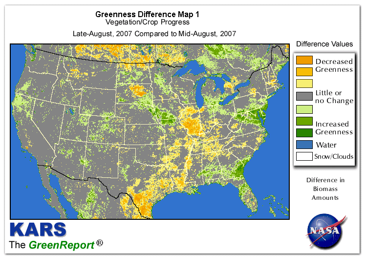 Color-coded U.S. vegetation greeness index map for Period 35 of 2007, illustrating spatial variations in plant vigor, with greener tones indicating higher biomass and browner tones indicating stressed vegetation,
              comparing current crop/vegetation change in biomass to the previous week within the same year.