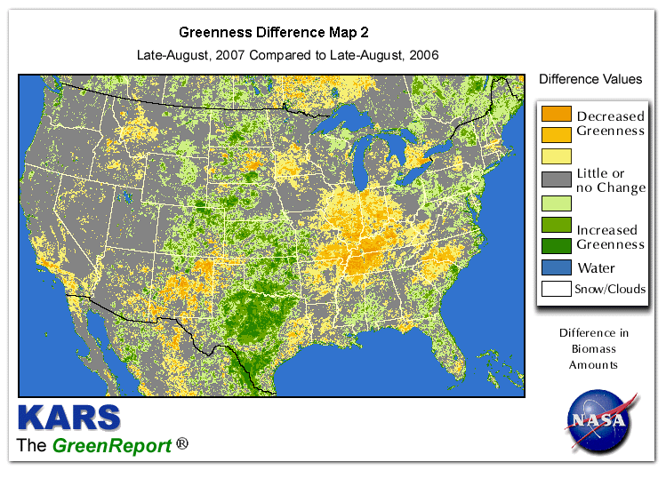 Color-coded U.S. vegetation greeness index map for Period 35 of 2007, illustrating spatial variations in plant vigor, with greener tones indicating higher biomass and browner tones indicating stressed vegetation,
              comparing current crop/vegetation change in biomass to same period from the previous year.