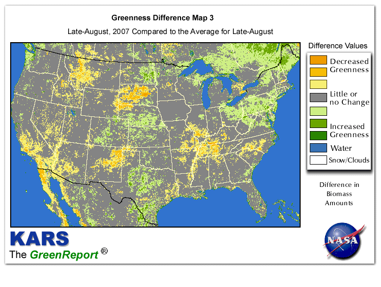 Color-coded U.S. vegetation greeness index map for Period 35 of 2007, illustrating spatial variations in plant vigor, with greener tones indicating higher biomass and browner tones indicating stressed vegetation,
              comparing current crop/vegetation change in biomass to the 20-year greenness average.